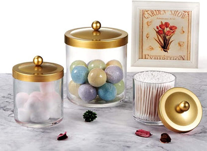 SheeChung 3-Pack Plastic Apothecary Jars with Gold Metal Lids - Large 50oz, 25oz & 15oz Clear Acrylic Storage Set - Shatterproof Modern Luxury Vanity & Home Organizer - Glam Decor