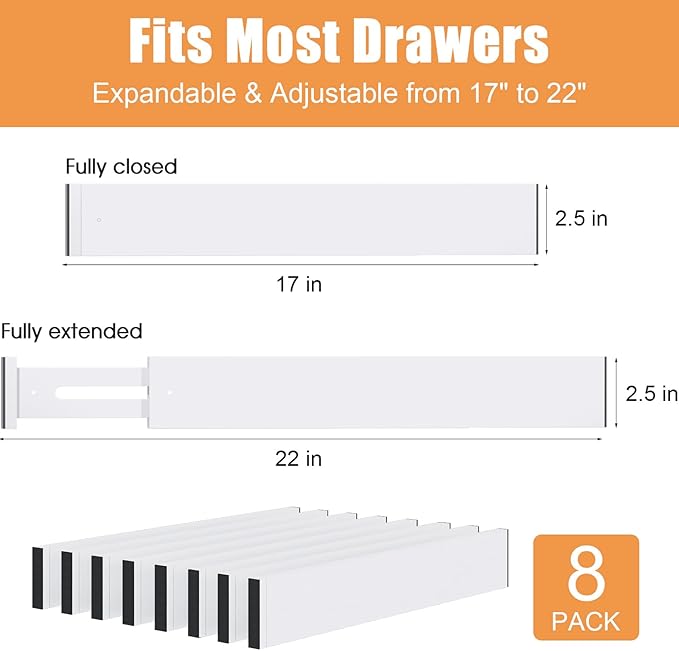 Bamboo Drawer Dividers,17-22" Adjustable Kitchen Drawer Organizer for Clothes,8 Pack Expandable Drawer Organization Separators for Bedroom,Bathroom,Dresser and Office,White