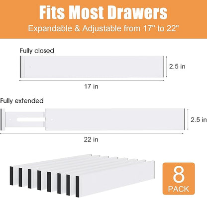 Bamboo Drawer Dividers,17-22" Adjustable Kitchen Drawer Organizer for Clothes,8 Pack Expandable Drawer Organization Separators for Bedroom,Bathroom,Dresser and Office,White