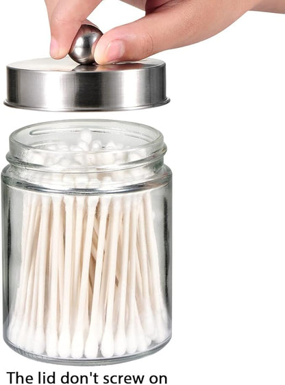 Amolliar Apothecary Jars Bathroom Vanity Organizer -Countertop Canister Jar with Storage Lid - Qtip Dispenser Holder Glass for Qtips,Cotton Swabs,Makeup Sponges,Hair Band - Brushed Nickel (1 Pack)