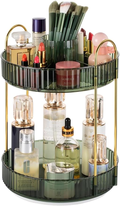 360° Rotating Makeup Organizer for Vanity, Large Capacity Bathroom Countertop Skincare, Spinning Perfume Cosmetics Organizer for Dresser Countertop, 2 Tier Green