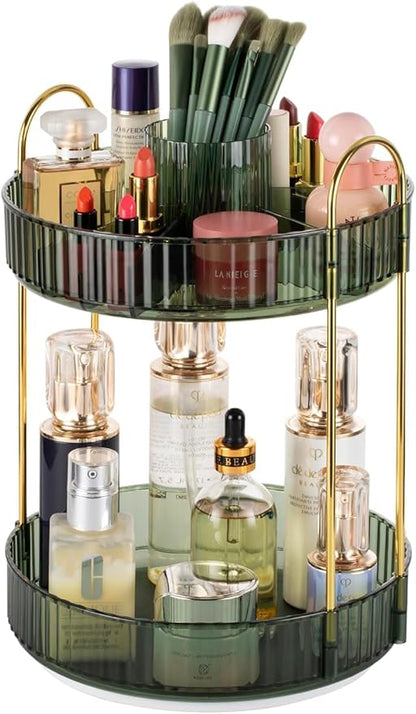360° Rotating Makeup Organizer for Vanity, Large Capacity Bathroom Countertop Skincare, Spinning Perfume Cosmetics Organizer for Dresser Countertop, 2 Tier Green