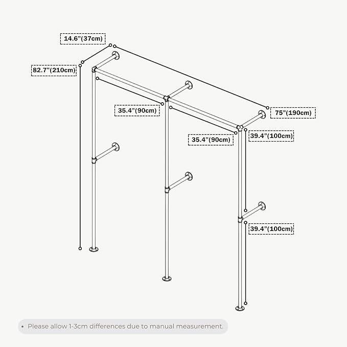 Black Industrial Pipe Clothing Rack 75" W Wall Mounted, Heavy Duty Iron Garment Rack 150 lbs per Rod, Open Closet Organizer for Bedroom Laundry Room Retail Display