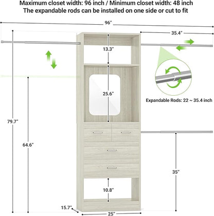 Unikito 8FT Closet System, Customizable 96” Closet Storage Organizer with 25” Tower and 3 Extendable Hanging Rods (Can Be Cut to Fit), Heavy Duty Clothing Racks with 4 Drawers and Shelves, White Oak