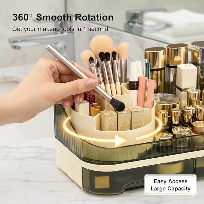 Makeup Organizer with Dual Drawers - Large Capacity Countertop Cosmetic Storage for Skincare Vanity Bathroom