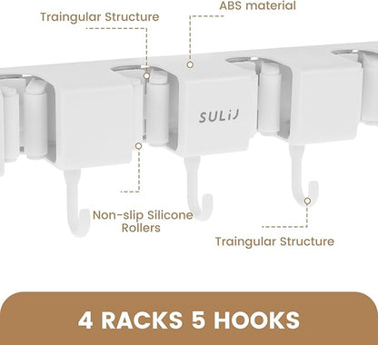2Pcs Broom Holder Wall Mount, No-Drilling Self-Adhesive Mop and Broom Storage Rack with Hooks (4 Racks with 5 Hooks), Wall-Mounted Broom Hanger for Bathroom, Kitchen, Closet, Garage (White ﻿)