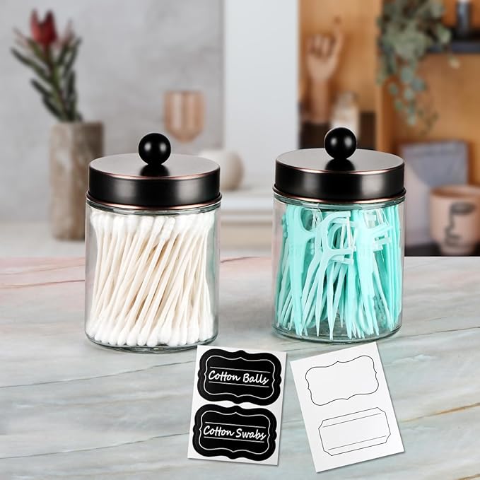 Amolliar Apothecary Jars Bathroom Storage Organizer - Cute Qtip Dispenser Vanity Canister Glass with Lid for Cotton Swabs,Rounds,Bath Salts,Makeup Sponges,Hair Accessories/Oil Rubbed Bronze（2 Pack）