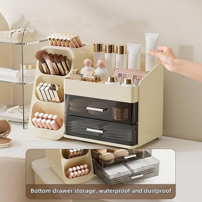 Covzoe Large Makeup Organizer with Brush Holder, Spacious Cosmetics Display Case with Drawers for Vanity, Skin Care Storage Solution for Lipstick Beauty Essential Bathroom Countertop