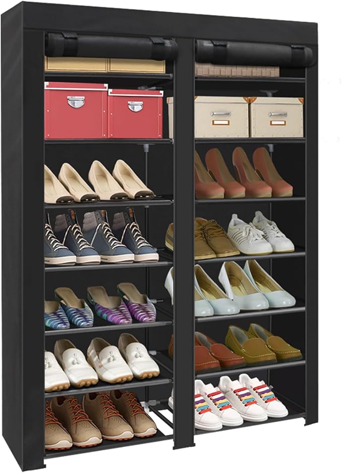 ERONE Shoe Rack Storage Organize, 28 Pairs Portable Double Row with Nonwoven Fabric Cover Shoe Shelf Cabinet for Closet