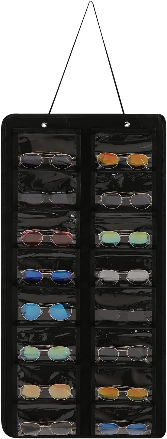 Sunglasses Organizer Storage - 16 Slots Glasses Storage Wall Pocket Display Hanging on Door, Eyewear Display, Dust-Proof (Black, Dust-Proof)