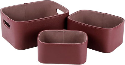 HofferRuffer Faux Leather Storage Baskets Bins with Velvet Lining for Organizing, Storage, Gifts, Set of 3 Nesting Shelf Baskets Decorative Storage Boxes for Home Organization (Dark Red)