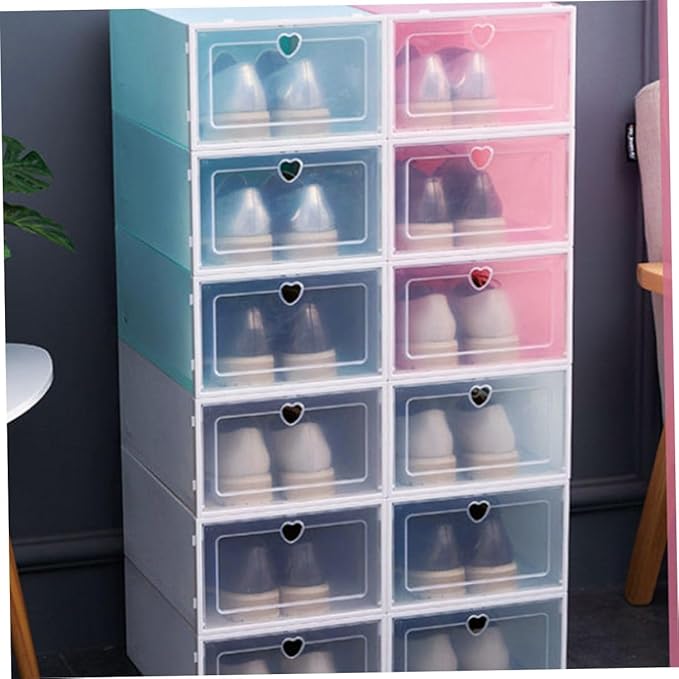 6pcs Transparent Clamshell Shoe Storage Box Capacity Organizer for Easy Access Plastic Design for Sneakers and Seasonal Footwear Heart Blue Color