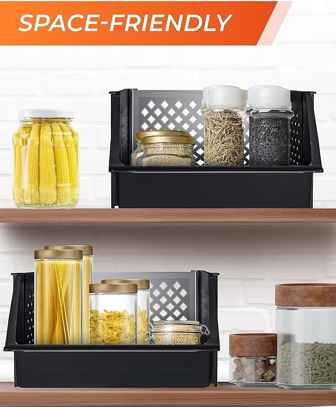 TidyFriend 6 Pk Large Stackable Storage Bins Open Front for Pantry Organizers and Storage, Pantry Storage for Food, Kitchen and Home Organization, Plastic Storage Bins, Dorm Room Essentials (Black)