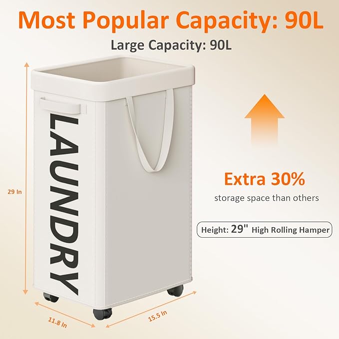 Optish Laundry Basket with Wheels, 90L Rolling Laundry Hamper with Wheels, Large Clothes Hamper on Wheel with Removable Mesh Bag for Bedroom, Bathroom, Dorm, White