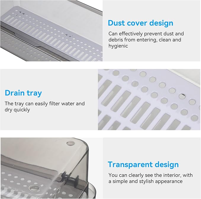 2PCS Silverware Organizer with Lid, Silverware Tray with Drainer Kitchen Cutlery Tray and Utensil Storage Container to Keeps Your Cutlery Organized (Grey)
