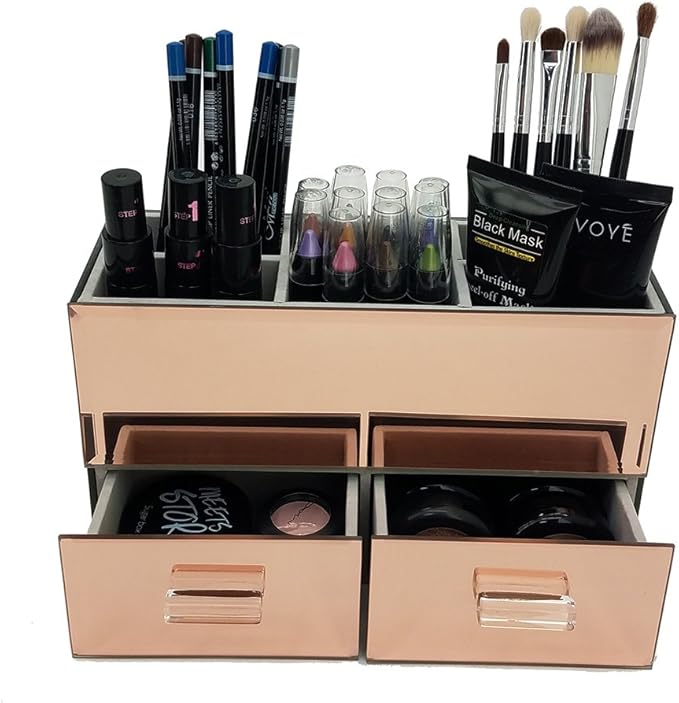 OnDisplay Olivia 2 Drawer Tiered Mirrored Glass Makeup/Jewelry Organizer - Rose Gold