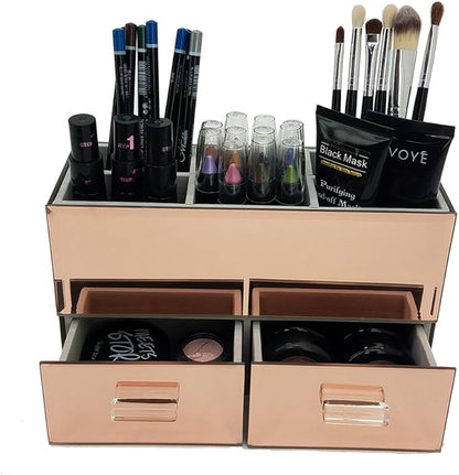 OnDisplay Olivia 2 Drawer Tiered Mirrored Glass Makeup/Jewelry Organizer - Rose Gold