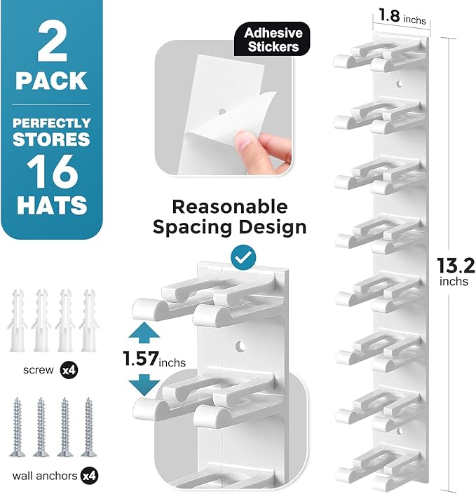 Hat Organizer for Baseball Caps Wall, 2 Pack Hat Holder for Closet Door Hold up to 16 Hats,Hat Hook with Adhesive and 8 Screws, Hat Hanger Cap Holder Hat Hangers for Wall Closet Door Bedroom(A-White)