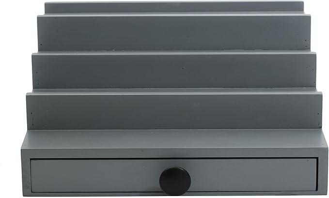 Cologne Organizer for Men - 4 Tier Wooden Grey Cologne Display Stand with Drawer and Hidden Compartment, Mens Cologne Perfume Holder Shelf for Organizing and Storing