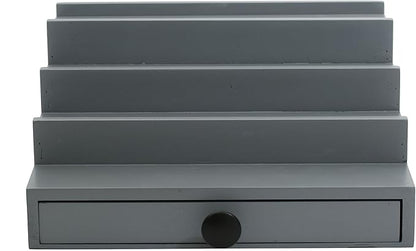 Cologne Organizer for Men - 4 Tier Wooden Grey Cologne Display Stand with Drawer and Hidden Compartment, Mens Cologne Perfume Holder Shelf for Organizing and Storing