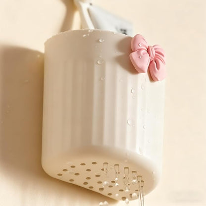 Wall-Mounted Plastic Small Makeup Brush Holder with Bow, Self-adhesive Multifunctional Holder Cup for Brushes, Pens & Pencils, Toothbrushes, Ideal for Bathroom or Office Countertop