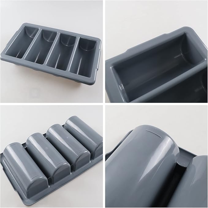 Pack of 4 4-Compartment Restaurant Silverware Organizer Bins, Plastic Commercial Cutlery Holder, Gray