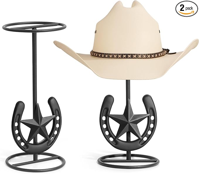 Cowboy Hat Stand, Hat Display Stand Tabletop, Western Horseshoe Decor, Cowboy Hat Rack, Cowboys Gifts for Men, Western Stuff, Desk Hat Rack for Fedora, Sun Hats, Straw Hats, Iron, Black, 2 Packs