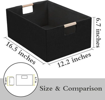 Foldable Fabric Storage Cubes, Cloth Storage Baskets with Wooden Handles, Shelf Closet Organizer Bins, Rectangular Linen Storage Boxes for Decor, 16.5 x 12.2 x 6.7 Inches