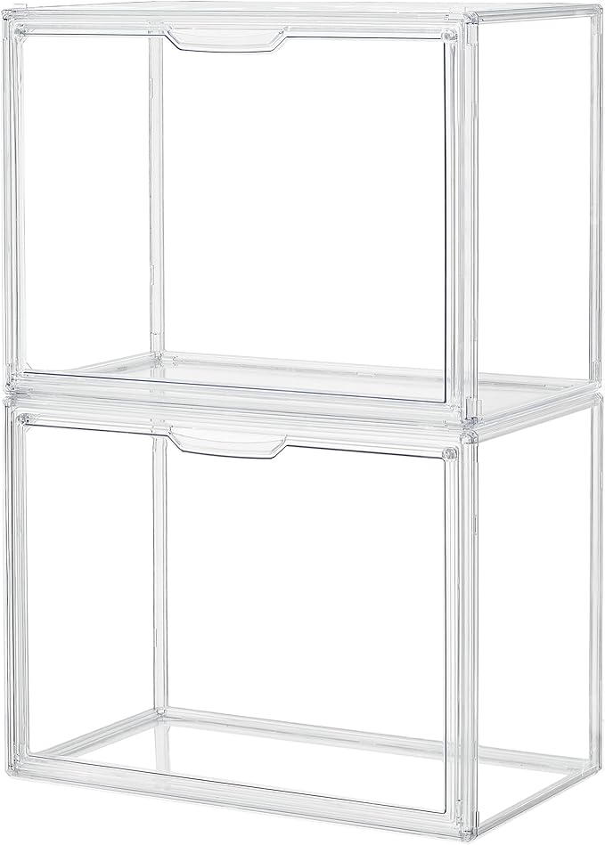 ZLLZUU Clear Storage Bins with Lids, 2 Pack Acrylic Display Case with Magnetic Door for Cosmetic Collectibles Large Figures Models, Stackable Acrylic Storage Box for Home Office Living Room Dorm