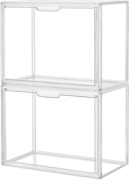 ZLLZUU Clear Storage Bins with Lids, 2 Pack Acrylic Display Case with Magnetic Door for Cosmetic Collectibles Large Figures Models, Stackable Acrylic Storage Box for Home Office Living Room Dorm
