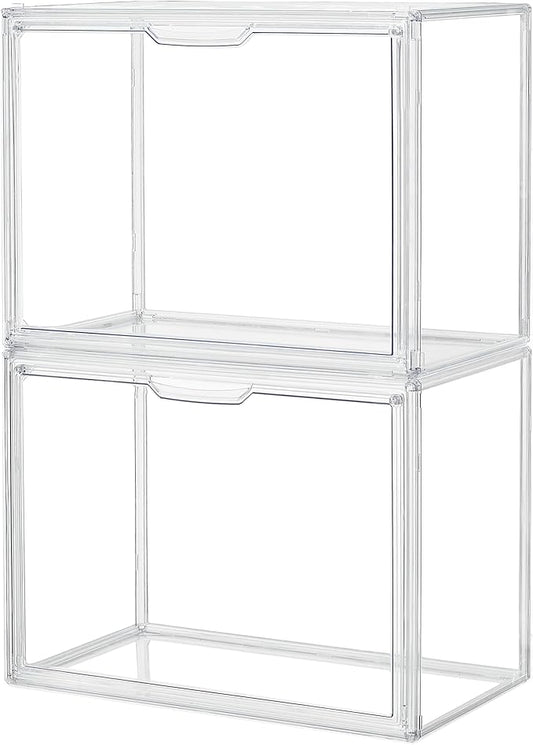ZLLZUU Clear Storage Bins with Lids, 2 Pack Acrylic Display Case with Magnetic Door for Cosmetic Collectibles Large Figures Models, Stackable Acrylic Storage Box for Home Office Living Room Dorm