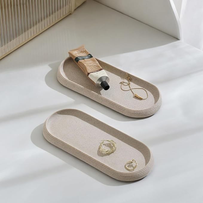 Jewelry Tray Bathtub, Resin Stone Look Decorative Perfume Tray, Bathroom Marble Vanity Organizer Plate Holder for Ring Soap Towel Small Things on Kitchen Sink Countertop (Beige, Medium)