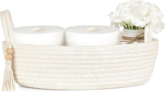Mkono Small Storage Basket for Toilet Tank Top Boho Bathroom Decor Woven Rope Toilet Paper Tray Organizer for Shelf Bedroom Living Room, White, 1 Pack, 13" L x 6" W