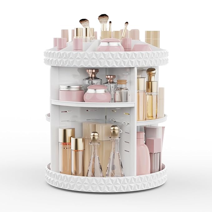 Rotating Makeup Organizer, Adjustable Vanity Organizer, Large Capacity Cosmetic Display Case for Spinning, Storage Carousel for Bathroom and Vanity Countertop, Diamond Pattern, Large, White