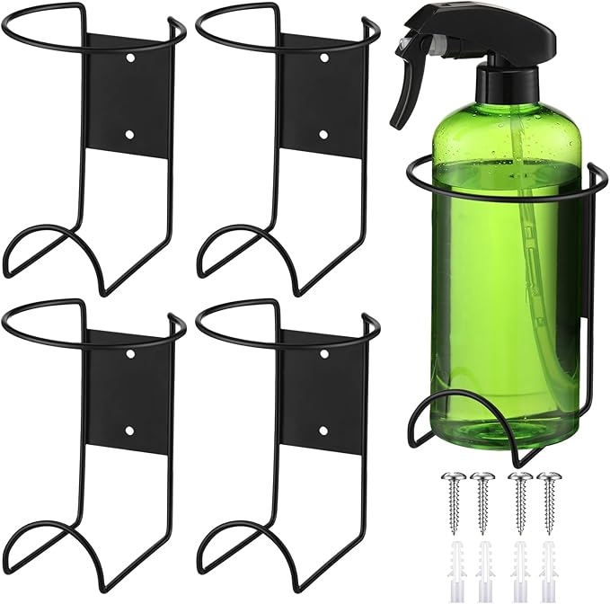 CroBlissful 4 Pcs Spray Bottle Holder Wall Mount Heavy Duty Spray Bottle Rack Stainless Steel Storage Rack Garage Can Organizer Craft with Hardware (Black)
