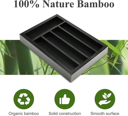 Bamboo Kitchen Drawer Organizer Tray Black Expandable Spoon Silverware Organizer Large Utensil Holder Drawers Divider Adjustable Cutlery Flatware Organizers for Drawer Wood Utensil Silverware Tray