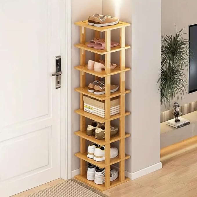 SAN HE Bamboo Shoe Rack 5Tier- Vertical Shoe Rack for Small Spaces, Tall Narrow Shoe Rack Organizer for Closet Entryway Corner Garage and Bedroom,Skinny Shoe Shelf with Free Stackable DIY