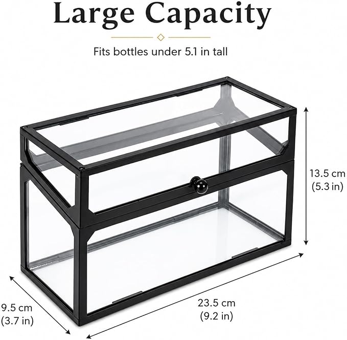 Cologne Organizer for Men, Glass Perfume Organizer Box with Flip Top Lid, Dustproof Perfume Storage Case, Clear Cologne Holder for Vanity, Bathroom Countertop, Watch, Jewelry, Fragrance Display, Black