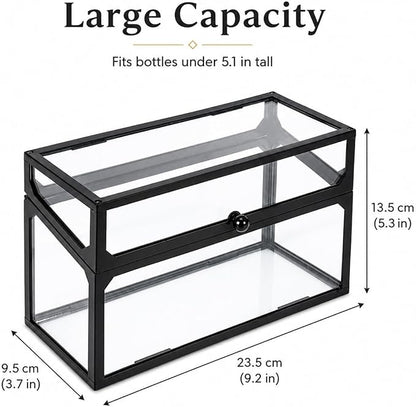 Cologne Organizer for Men, Glass Perfume Organizer Box with Flip Top Lid, Dustproof Perfume Storage Case, Clear Cologne Holder for Vanity, Bathroom Countertop, Watch, Jewelry, Fragrance Display, Black