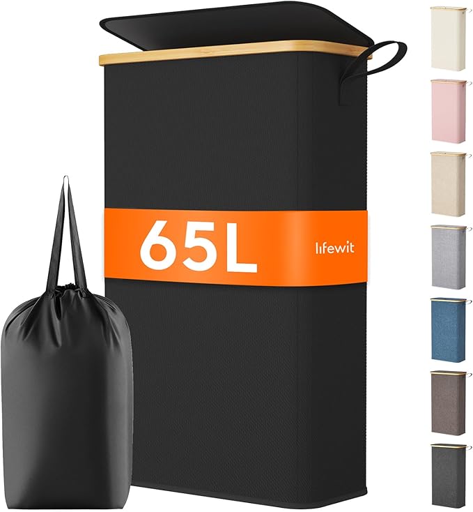 Lifewit 65L Slim Laundry Hamper with Lid, Narrow Laundry Basket with Removable Bag & Bamboo Handles, Fodable Thin Dirty Clothes Hamper for Laundry Collapsible Bin for Bathroom Bedroom Dorm, Black