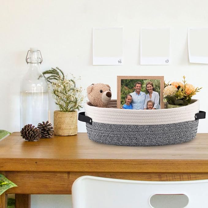 Small Cotton Rope Woven Basket Toilet Paper Baskets for Organizing Decorative Basket for Boho Decor Small Storage Basket 13"x5.9"x4" Variegated Gray&White