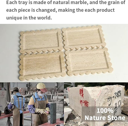 Natural 100% Marble Vanity Tray Luxury Scalloped Marble Storage Rectangle Italian Travertine Tray for Home Decor Stone Tray for Bathroom/Kitchen/Candle Key (Rectangle-11.8 * 7.4-Beige Travertine)