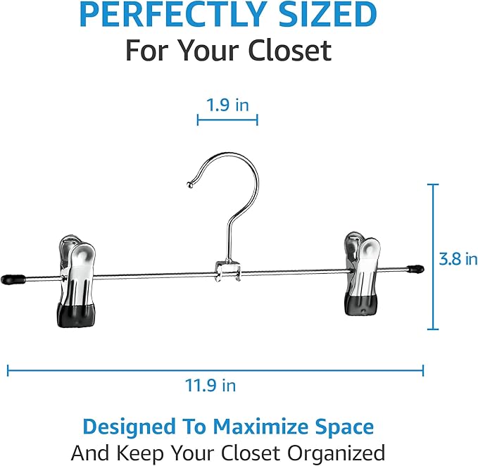 ZOBER Metal Pants Hangers with Clips - Pack of 20 Space Saving Skirt Hangers for Women - Chrome, Non-Slip, Adjustable Clips, for Pants, Skirts, Jeans Closet Organization, College Dorm Essentials