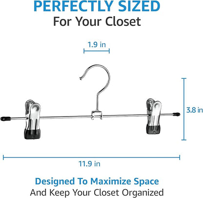ZOBER Metal Pants Hangers with Clips - Pack of 20 Space Saving Skirt Hangers for Women - Chrome, Non-Slip, Adjustable Clips, for Pants, Skirts, Jeans Closet Organization, College Dorm Essentials