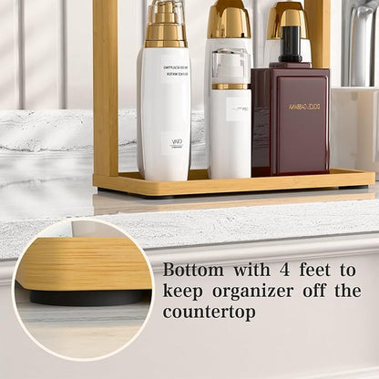 PEKER Bamboo Bathroom Organizer Countertop – Small Vanity Storage Shelf for Makeup, Perfume, Skincare – Natural Cosmetics Display Rack for Dresser, Sink, Kitchen – Natural