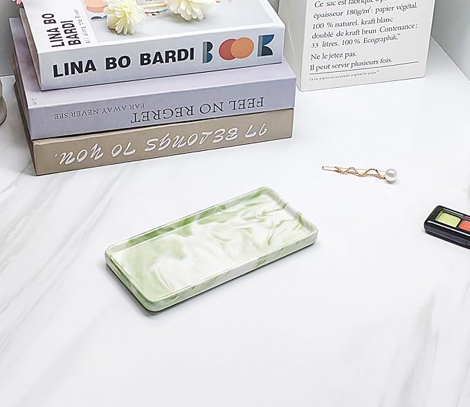 6.4" Porcelain Small Bathroom Tray, Ceramic Countertop and Vanity Tray for Cosmetics, Perfume, Jewelry, Candle - Kitchen Soap Tray for Kitchen Counter (Green)