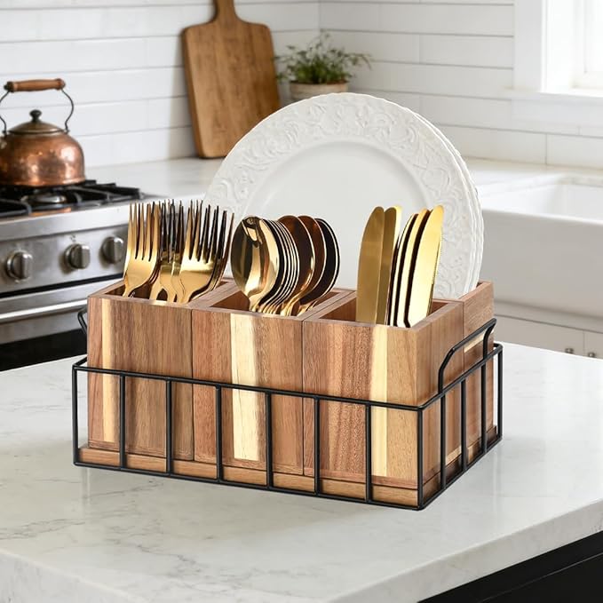 Silverware Holder for Party, Acacia Utensil Holder with 4 Removable Compartments for Countertop, Silverware Caddy Flatware Organizer Box for Utensil Spoons Forks Plate Napkin, Detachable Sevring Caddy
