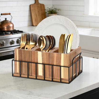 Silverware Holder for Party, Acacia Utensil Holder with 4 Removable Compartments for Countertop, Silverware Caddy Flatware Organizer Box for Utensil Spoons Forks Plate Napkin, Detachable Sevring Caddy
