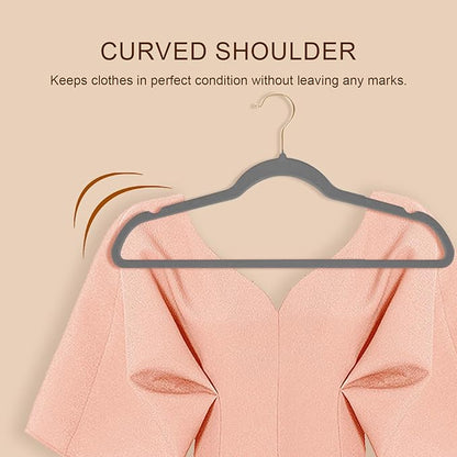 36 Packs Velvet Clothes Hangers, 17.3 Inches Non-Slip Skirt Hangers, Sturdy Dresses Hangers with Shoulder Notches, Space Saving Clothing Hangers for Adults, Gray with Gold Hook