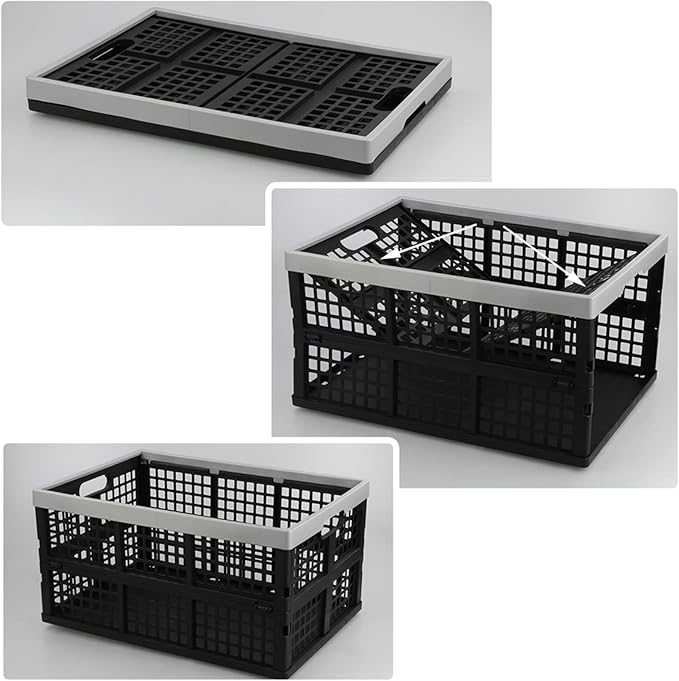 Kekow 3-Pack Black Plastic Collapsible Storage Basket, 42 L Folding Crates Storage